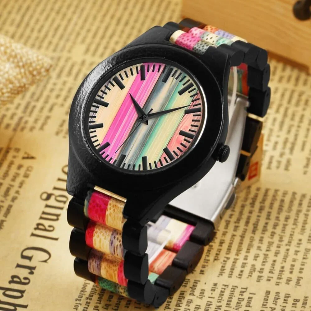 Mens Black Colorful Handmade Colorful Bamboo Engraved Analog Quartz Wooden Watch